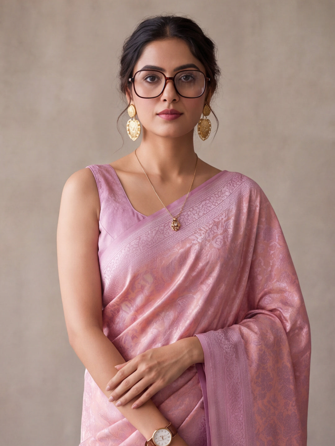 Women Peach Jacquard Woven Saree with Elegant Self Design and Rich Pallu