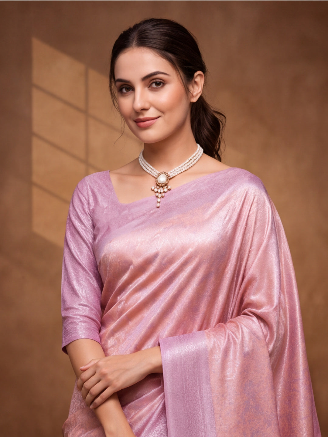 Women Peach Jacquard Woven Saree with Elegant Self Design and Rich Pallu