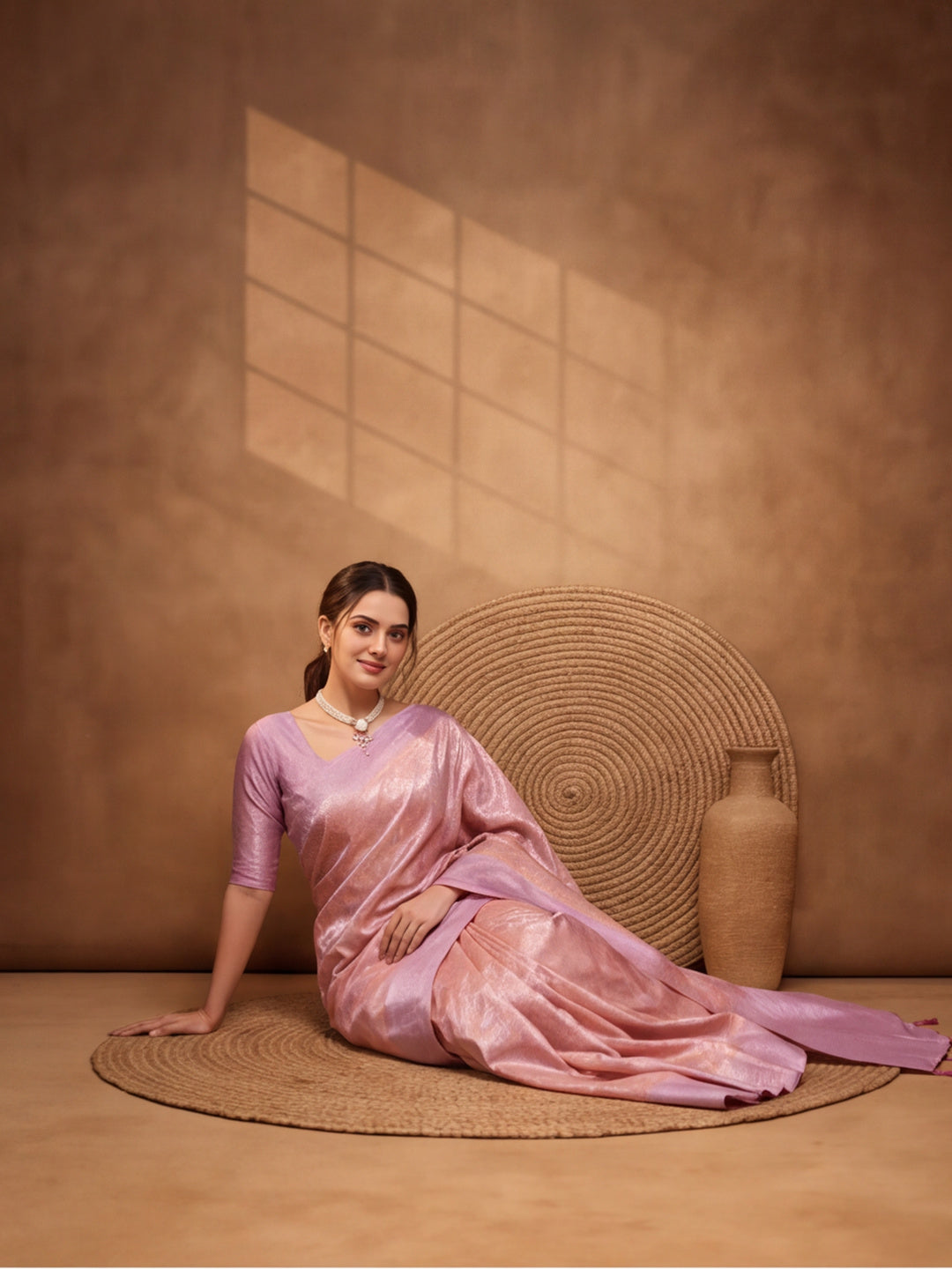 Women Peach Jacquard Woven Saree with Elegant Self Design and Rich Pallu