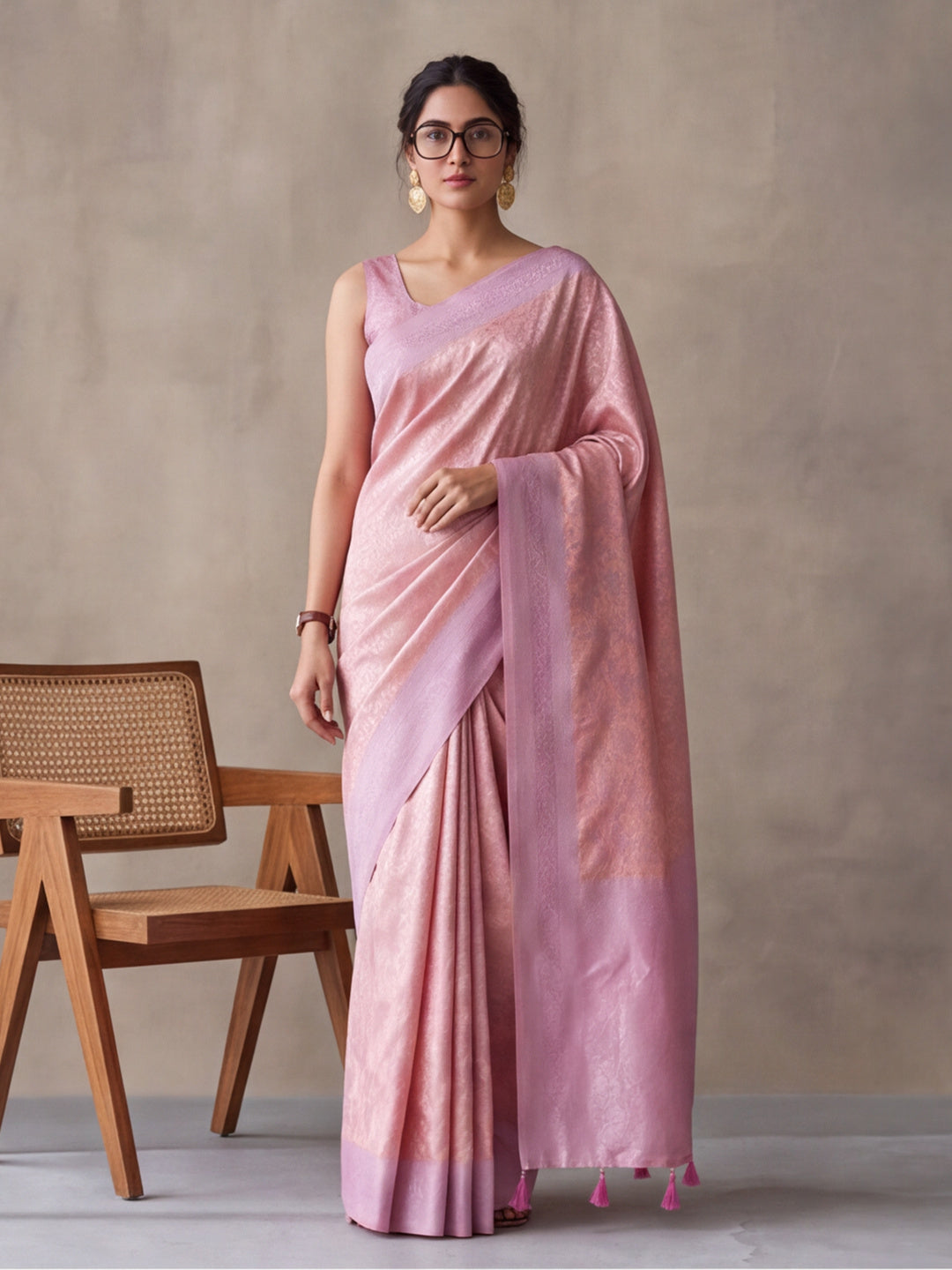 Women Peach Jacquard Woven Saree with Elegant Self Design and Rich Pallu