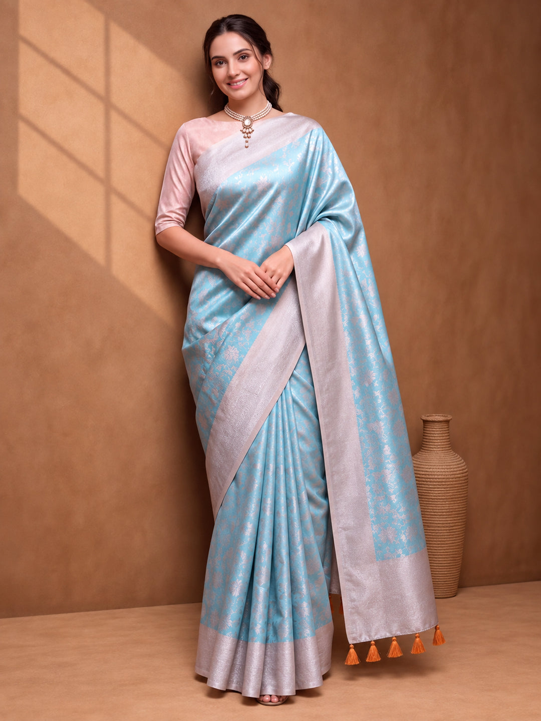 Women Aqua Blue Jacquard Woven Saree with Elegant Self Design and Rich Pallu