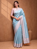 Women Aqua Blue Jacquard Woven Saree with Elegant Self Design and Rich Pallu