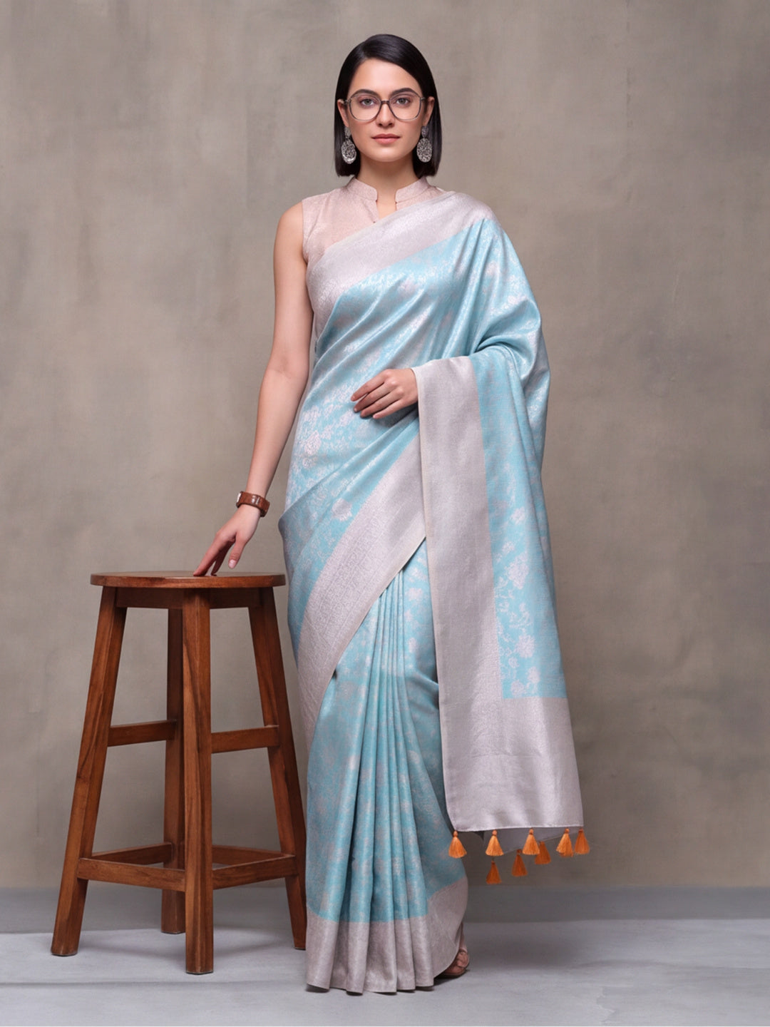 Women Aqua Blue Jacquard Woven Saree with Elegant Self Design and Rich Pallu