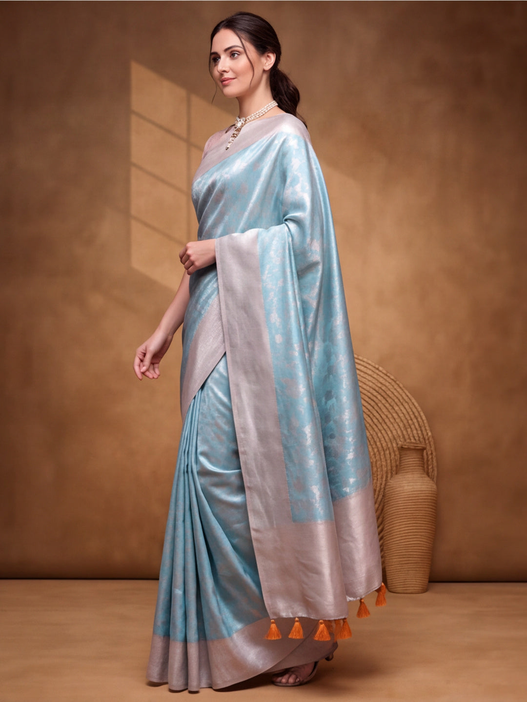 Women Aqua Blue Jacquard Woven Saree with Elegant Self Design and Rich Pallu