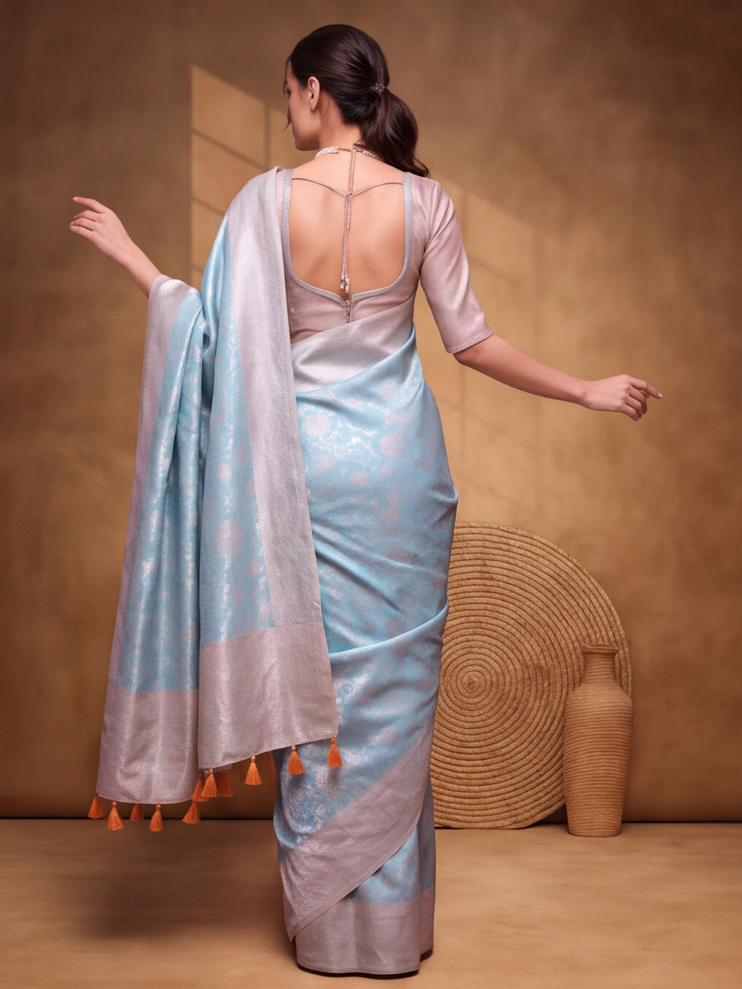 Women Aqua Blue Jacquard Woven Saree with Elegant Self Design and Rich Pallu