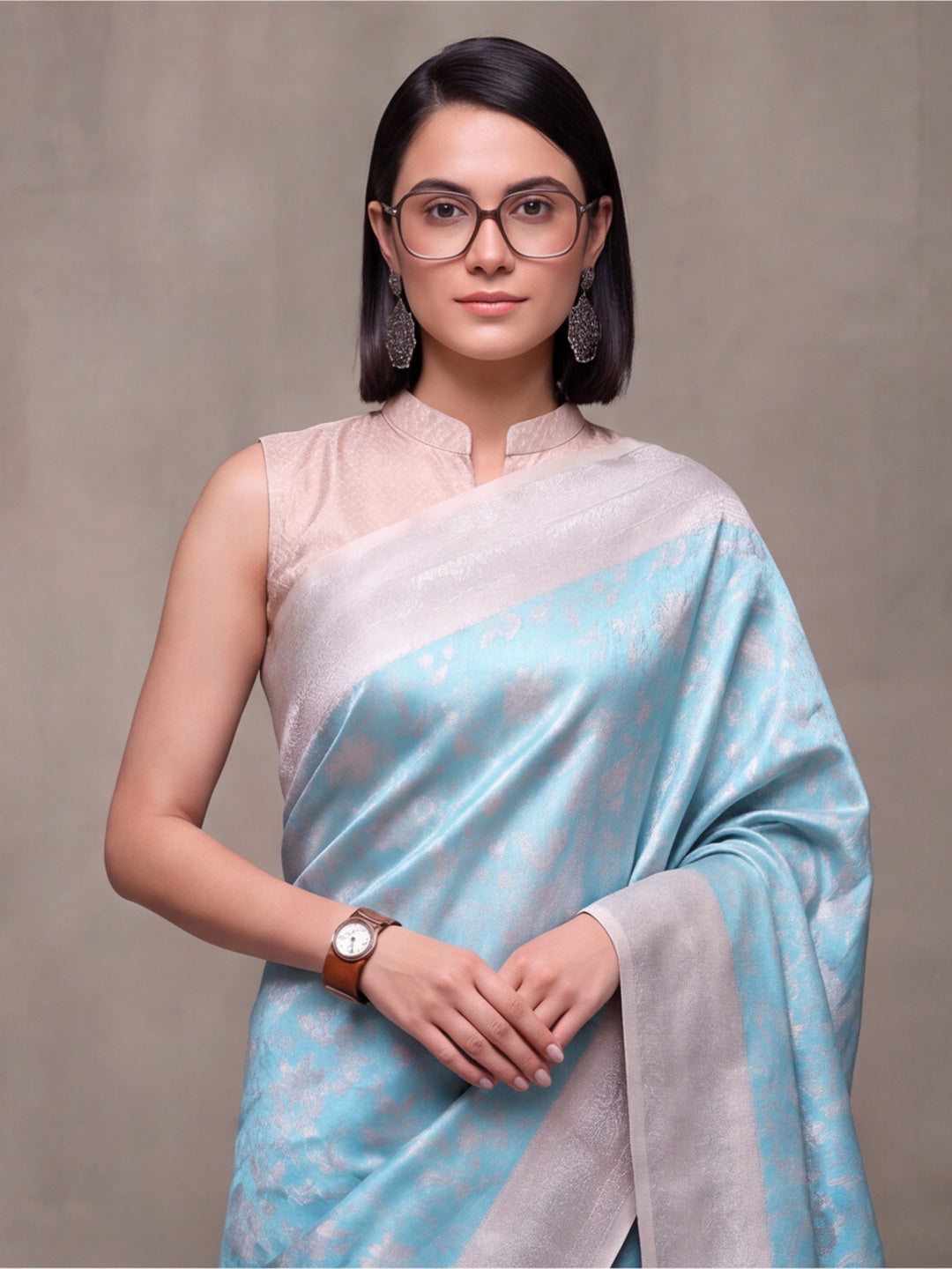 Women Aqua Blue Jacquard Woven Saree with Elegant Self Design and Rich Pallu
