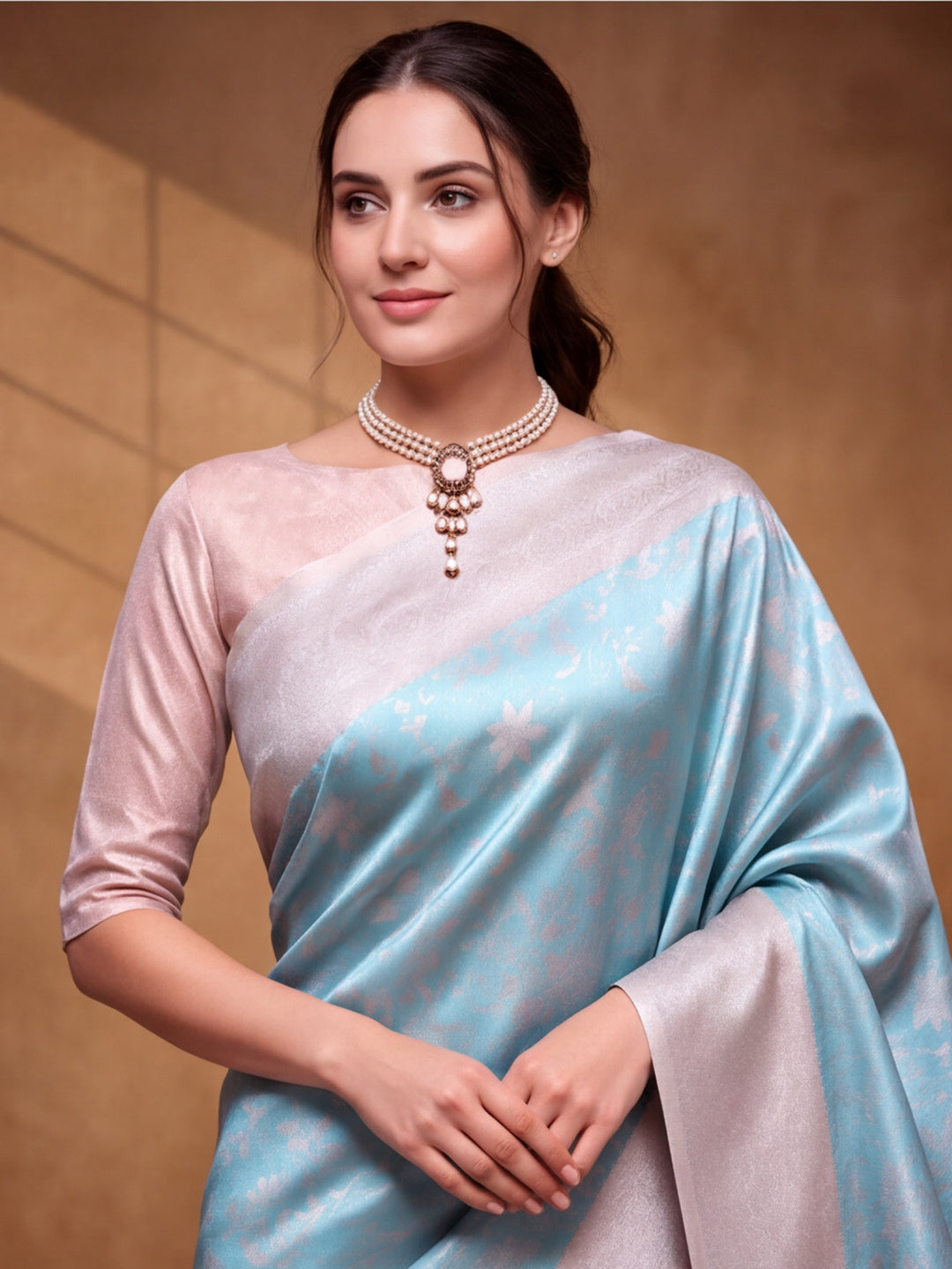Women Aqua Blue Jacquard Woven Saree with Elegant Self Design and Rich Pallu