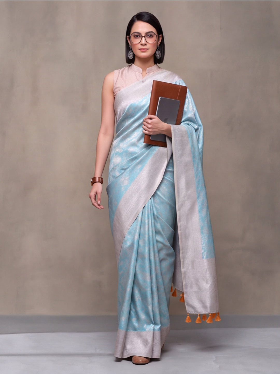 Women Aqua Blue Jacquard Woven Saree with Elegant Self Design and Rich Pallu
