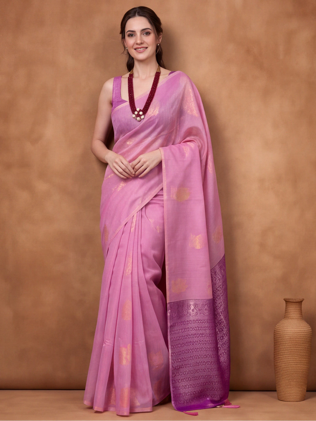 Women Pink Woven Saree with Zari Motifs and Contrast Jacquard Pallu