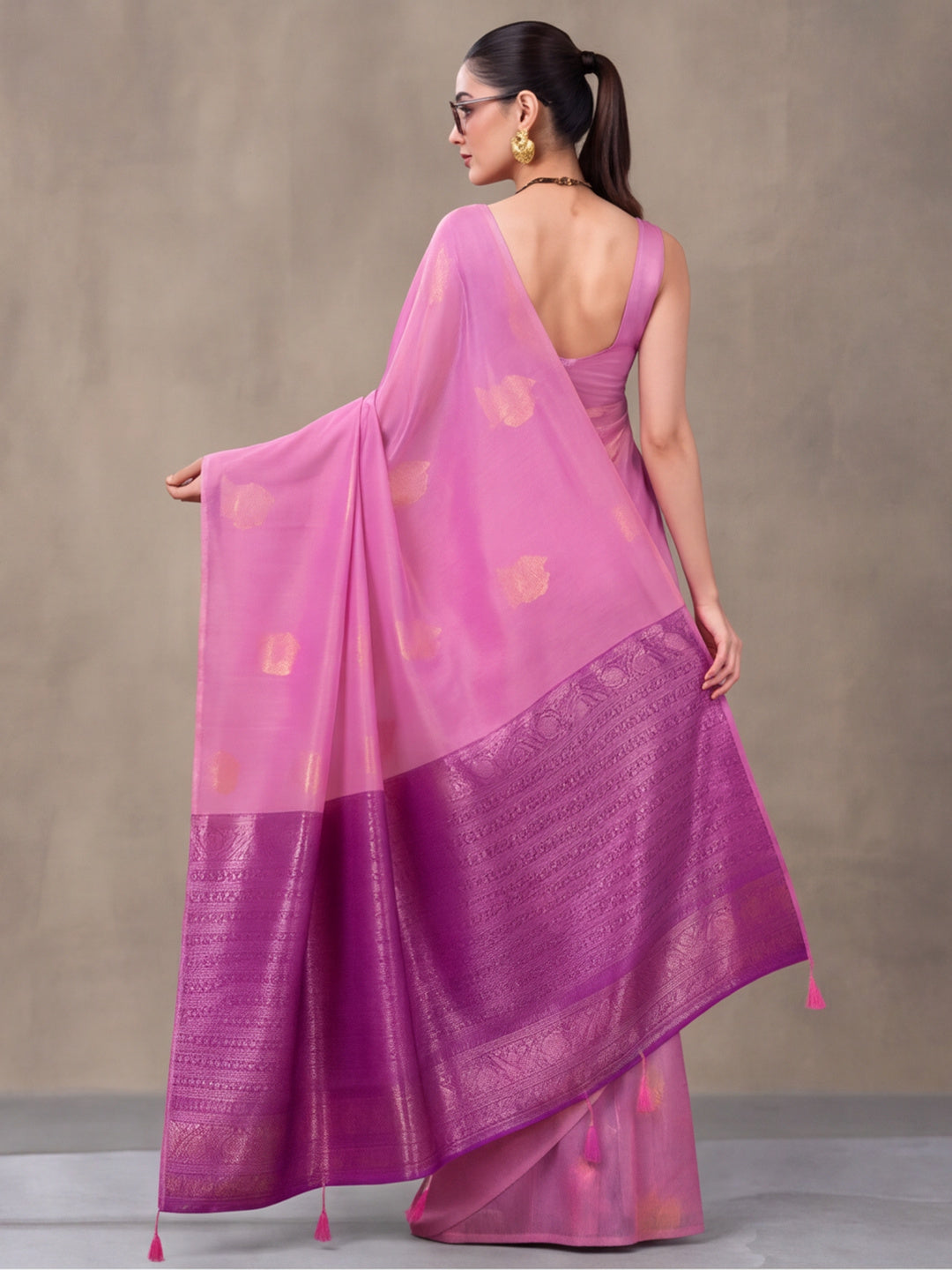 Women Pink Woven Saree with Zari Motifs and Contrast Jacquard Pallu