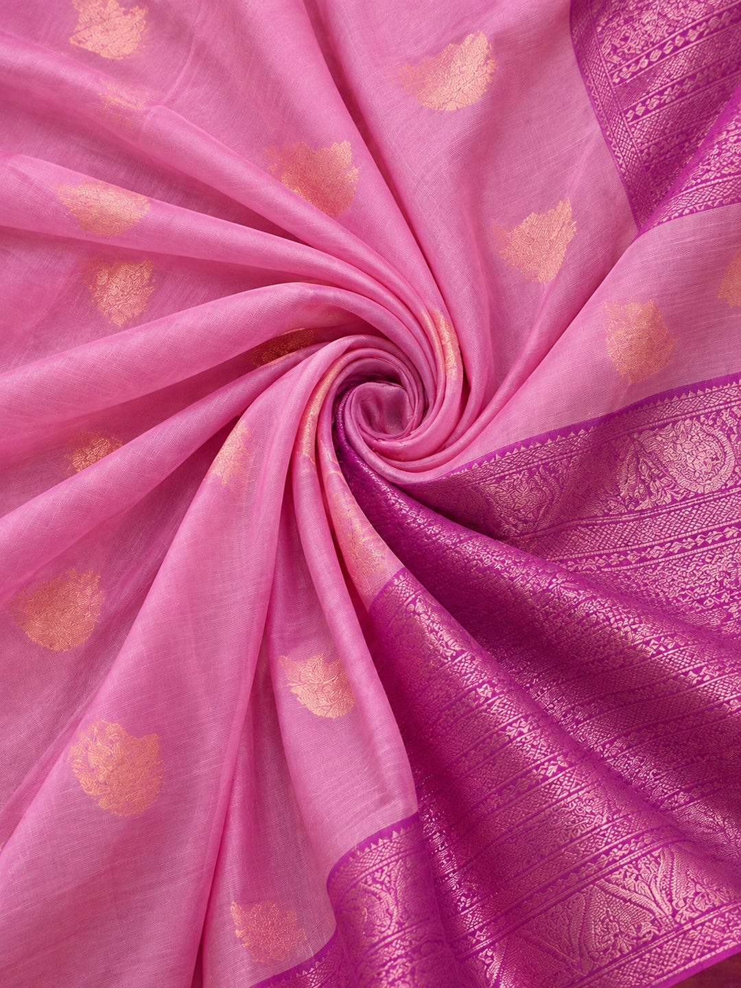 Women Pink Woven Saree with Zari Motifs and Contrast Jacquard Pallu