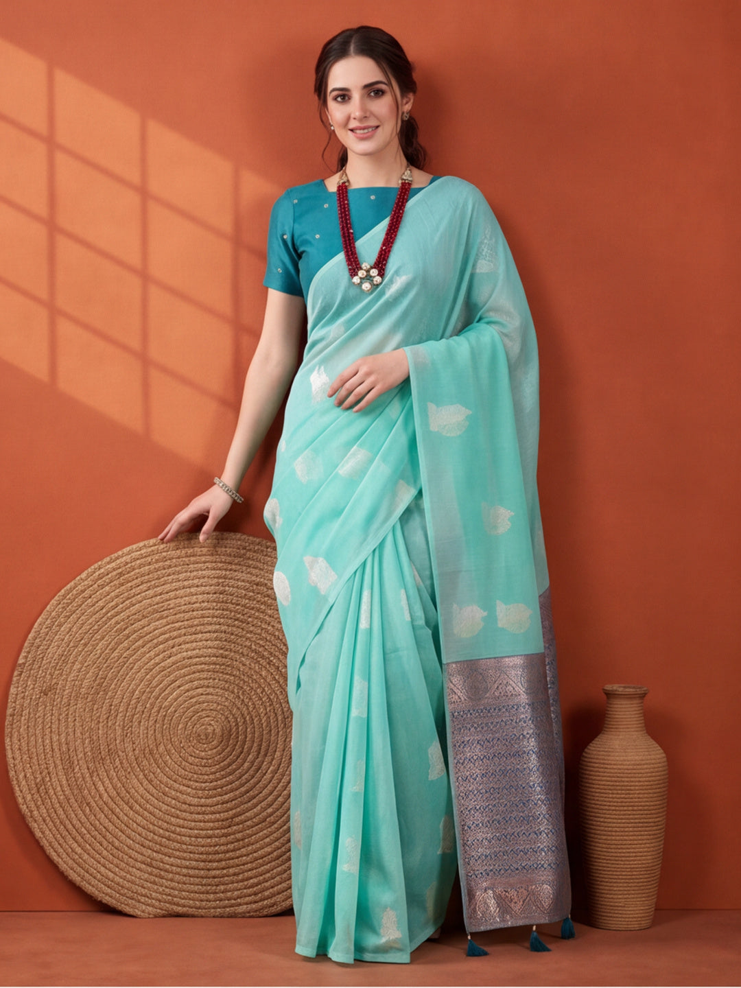 Women Sea Green Woven Saree with Zari Motifs and Contrast Jacquard Pallu