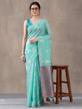 Women Sea Green Woven Saree with Zari Motifs and Contrast Jacquard Pallu