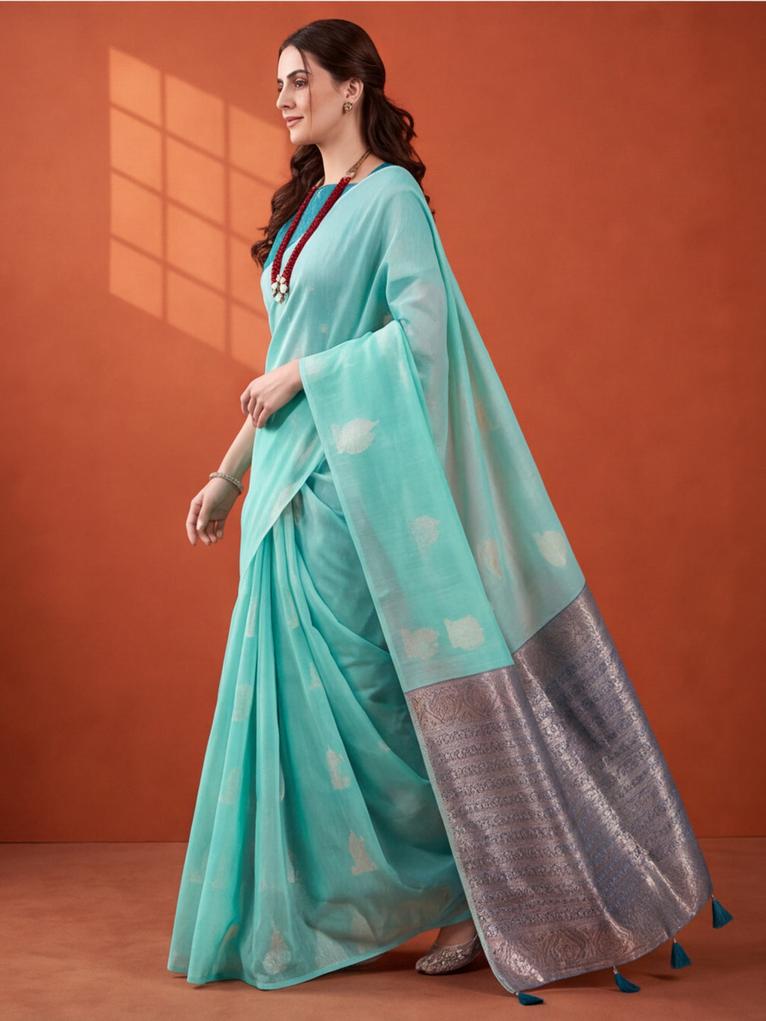 Women Sea Green Woven Saree with Zari Motifs and Contrast Jacquard Pallu