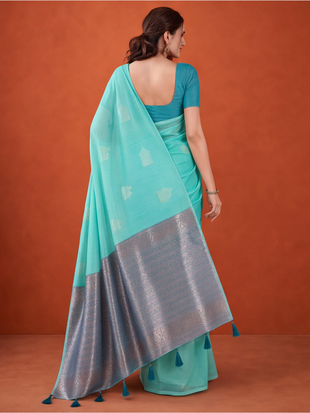 Women Sea Green Woven Saree with Zari Motifs and Contrast Jacquard Pallu