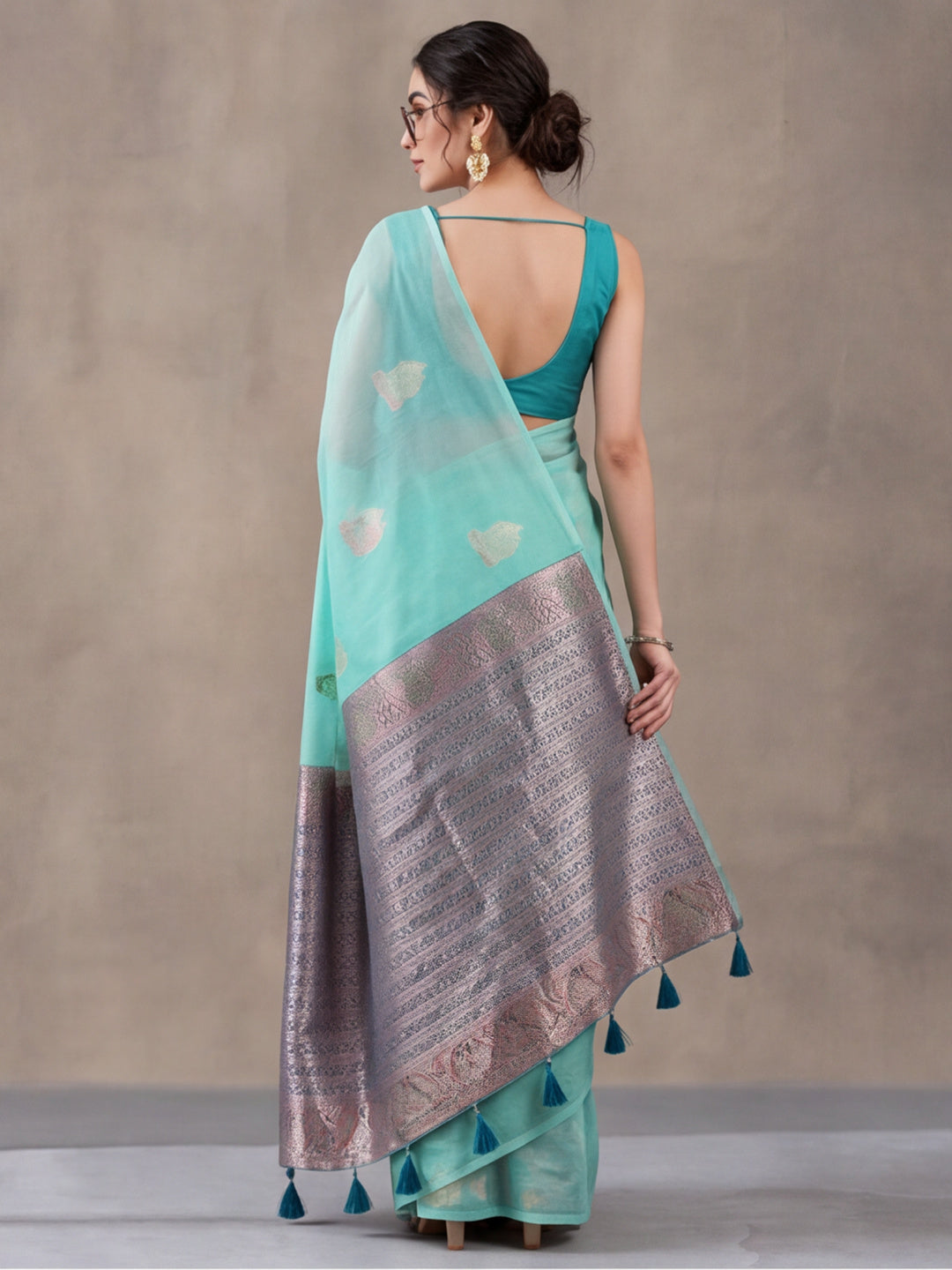 Women Sea Green Woven Saree with Zari Motifs and Contrast Jacquard Pallu