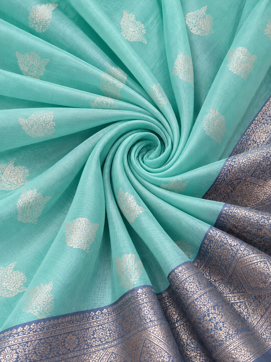 Women Sea Green Woven Saree with Zari Motifs and Contrast Jacquard Pallu
