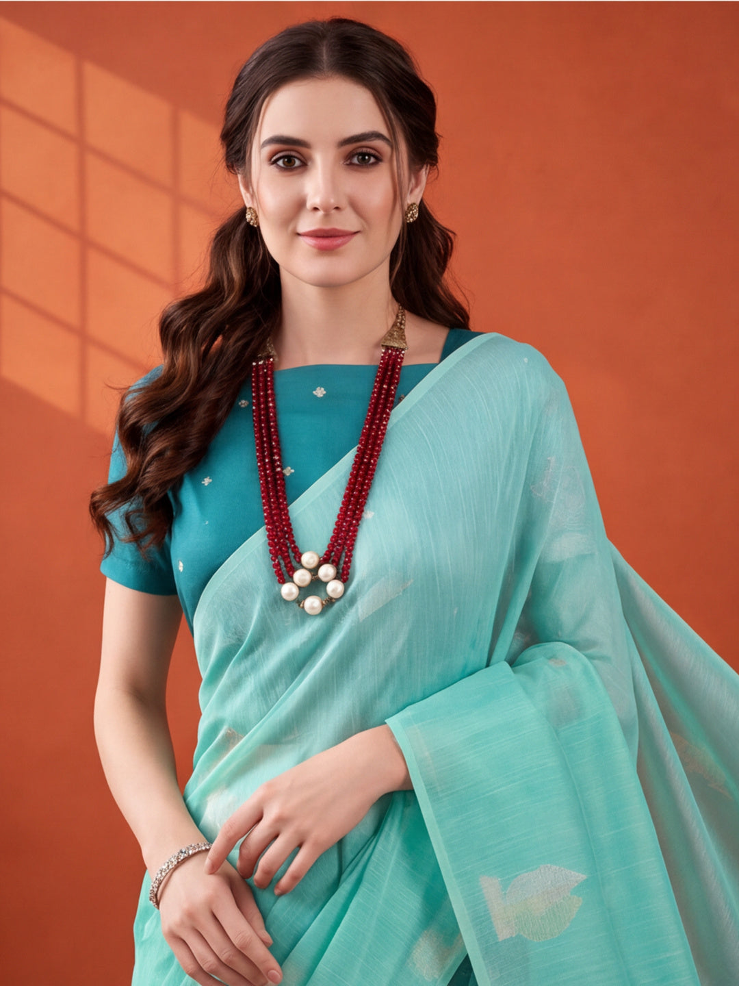 Women Sea Green Woven Saree with Zari Motifs and Contrast Jacquard Pallu