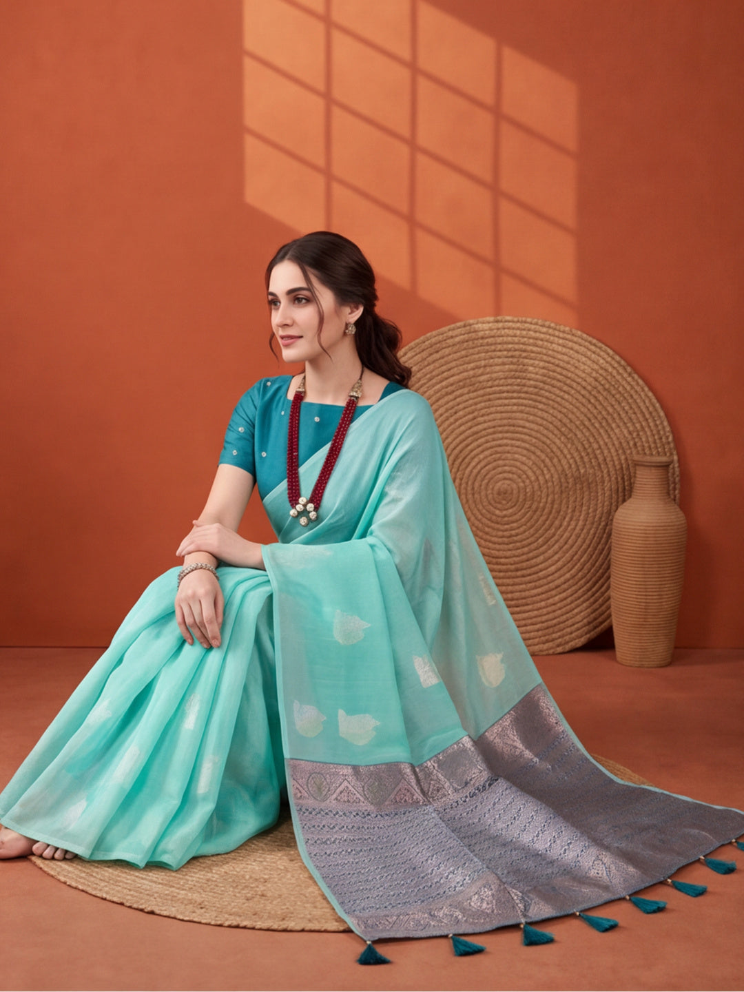 Women Sea Green Woven Saree with Zari Motifs and Contrast Jacquard Pallu