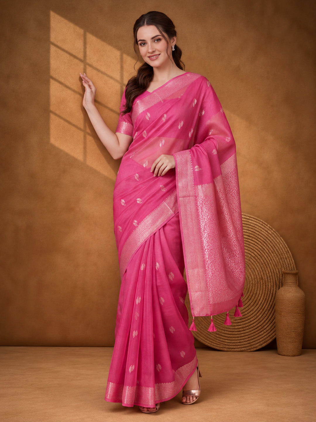 Women Fuchsia Pink Woven Saree with Zari Butti Work and Rich Tassel Pallu