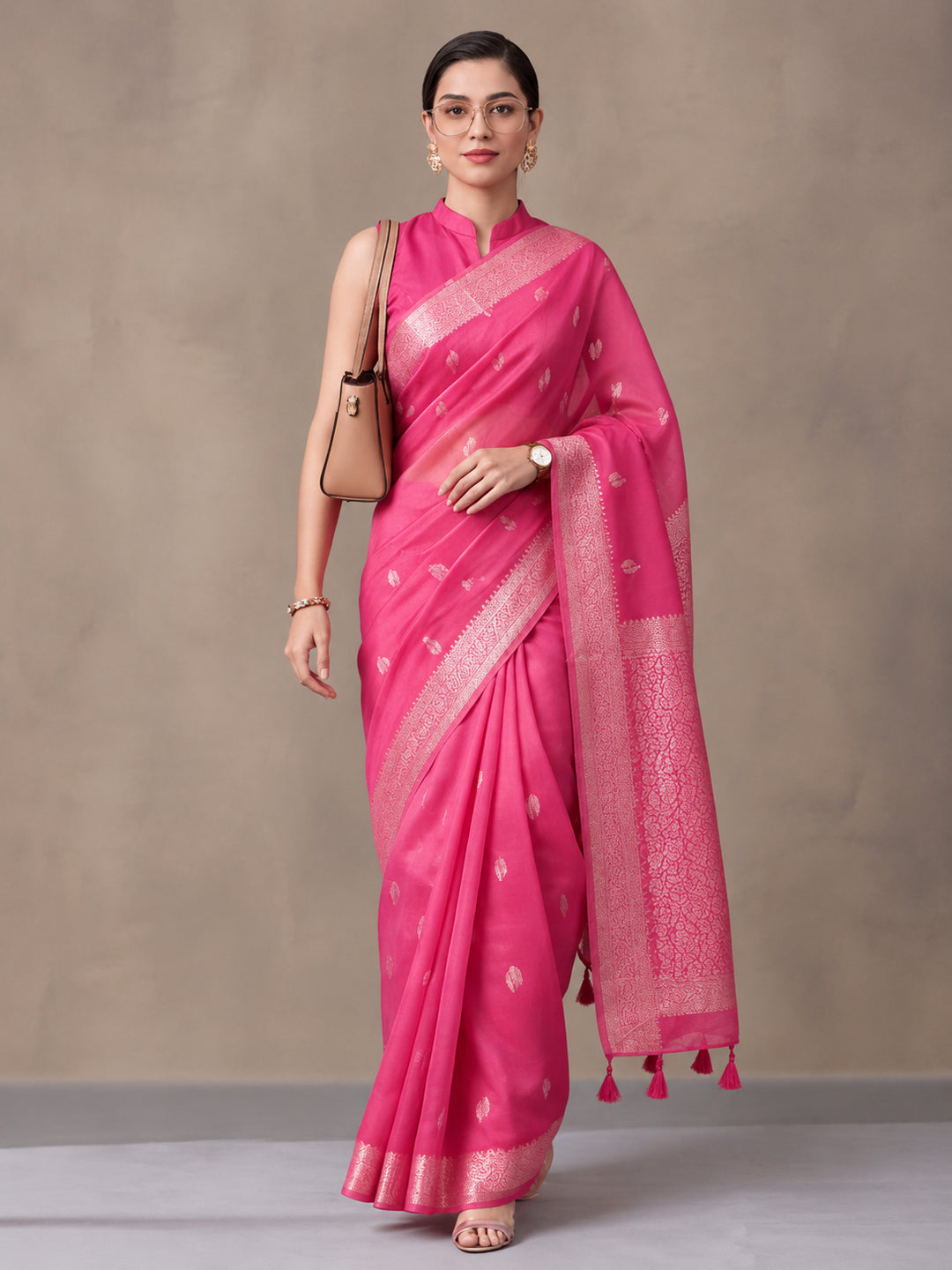 Women Fuchsia Pink Woven Saree with Zari Butti Work and Rich Tassel Pallu