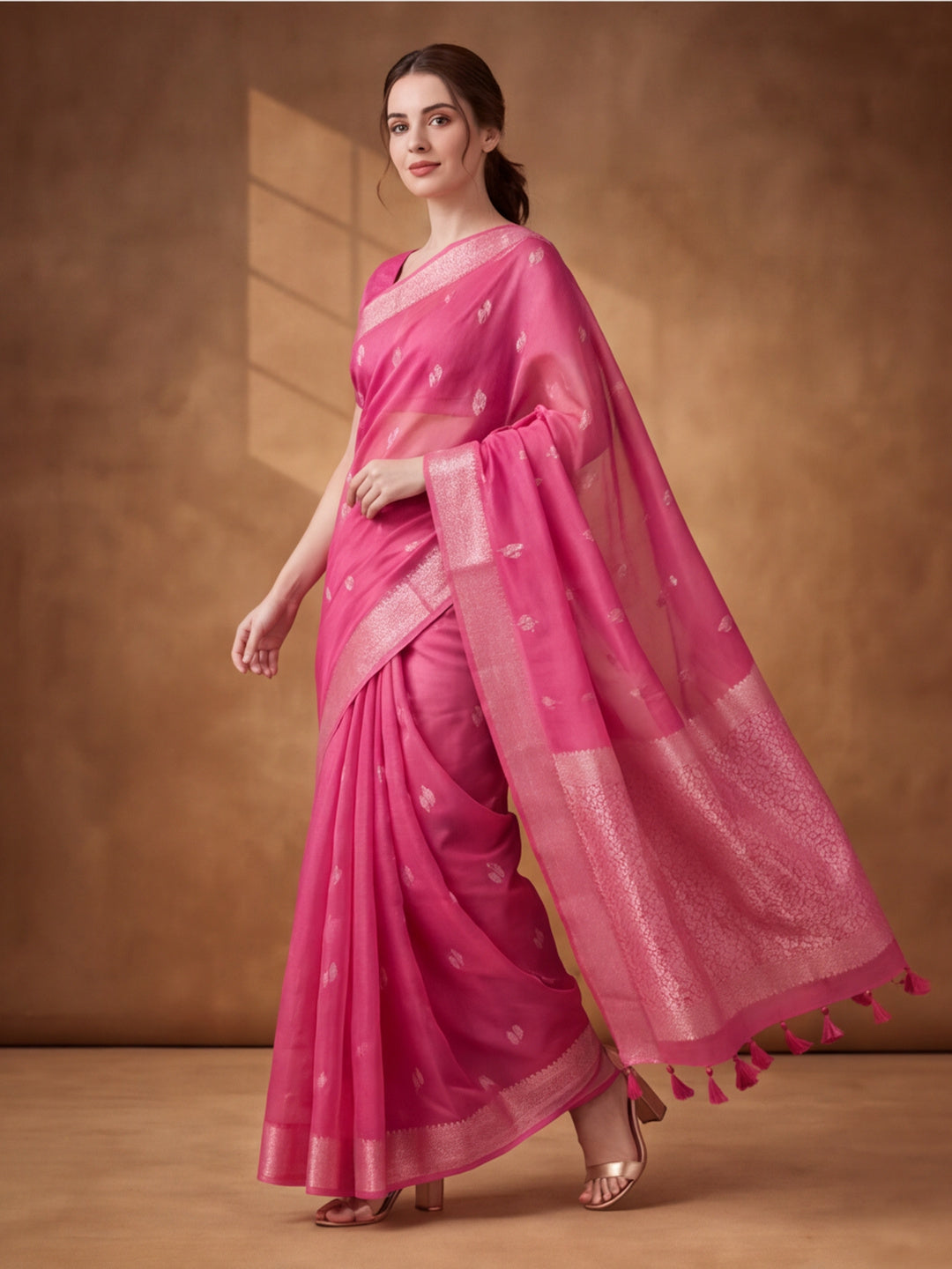 Women Fuchsia Pink Woven Saree with Zari Butti Work and Rich Tassel Pallu