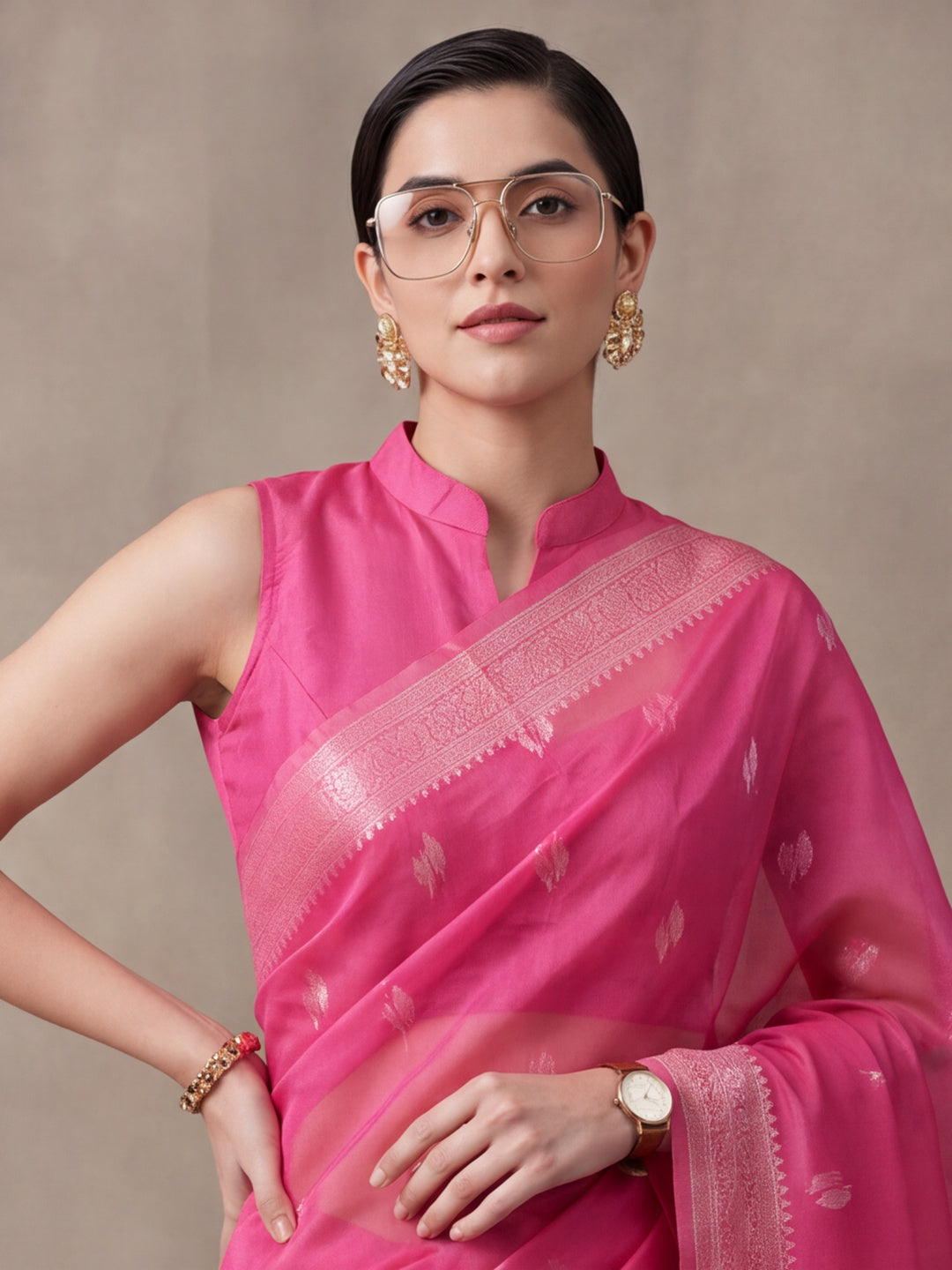 Women Fuchsia Pink Woven Saree with Zari Butti Work and Rich Tassel Pallu