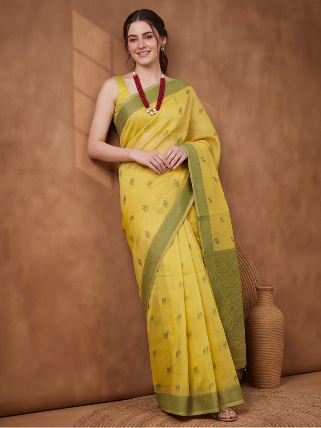 Women Lime Yellow Woven Saree with Zari Butti Work and Rich Tassel Pallu