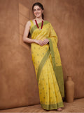 Women Lime Yellow Woven Saree with Zari Butti Work and Rich Tassel Pallu
