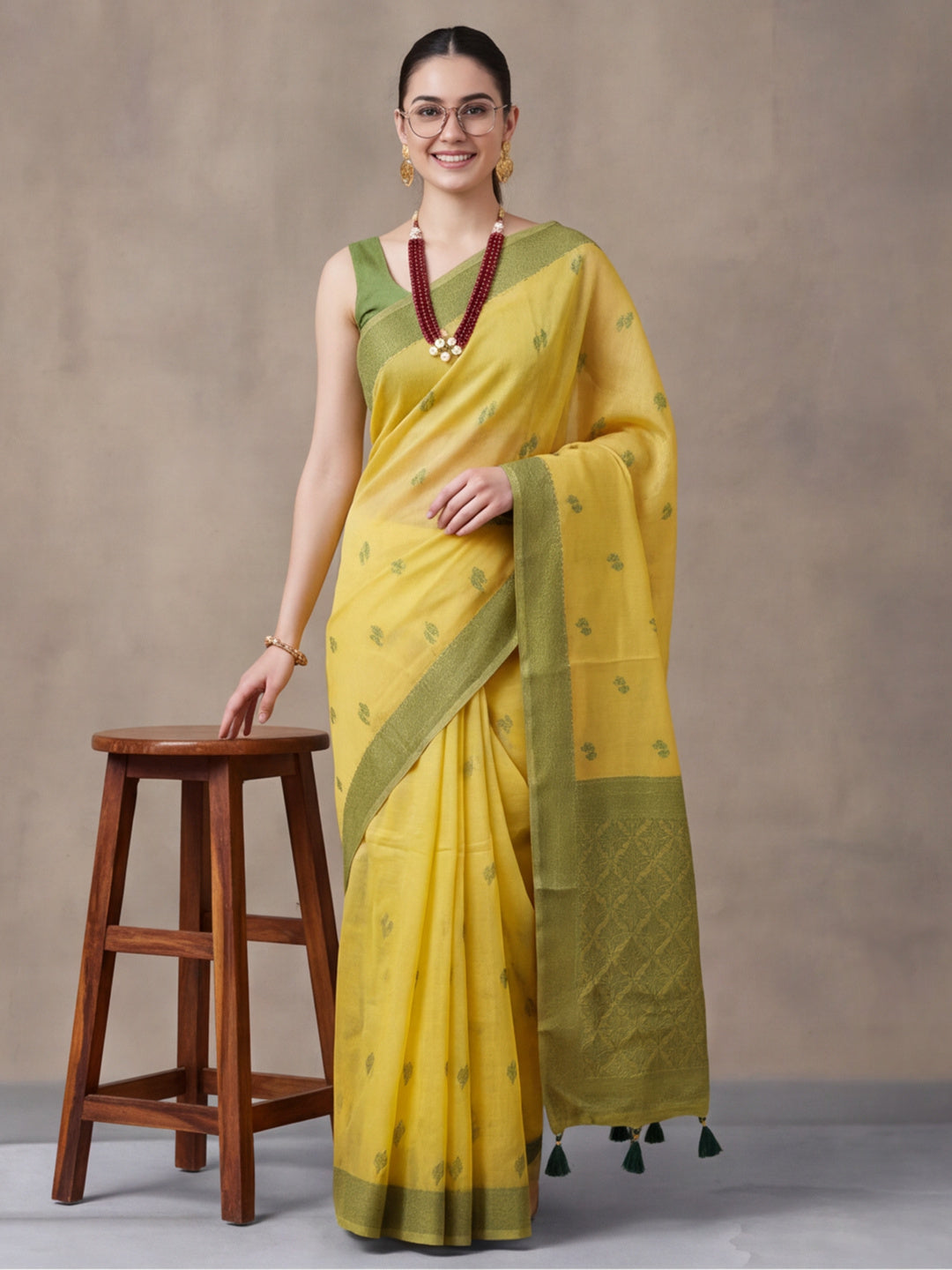 Women Lime Yellow Woven Saree with Zari Butti Work and Rich Tassel Pallu
