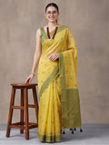 Women Lime Yellow Woven Saree with Zari Butti Work and Rich Tassel Pallu