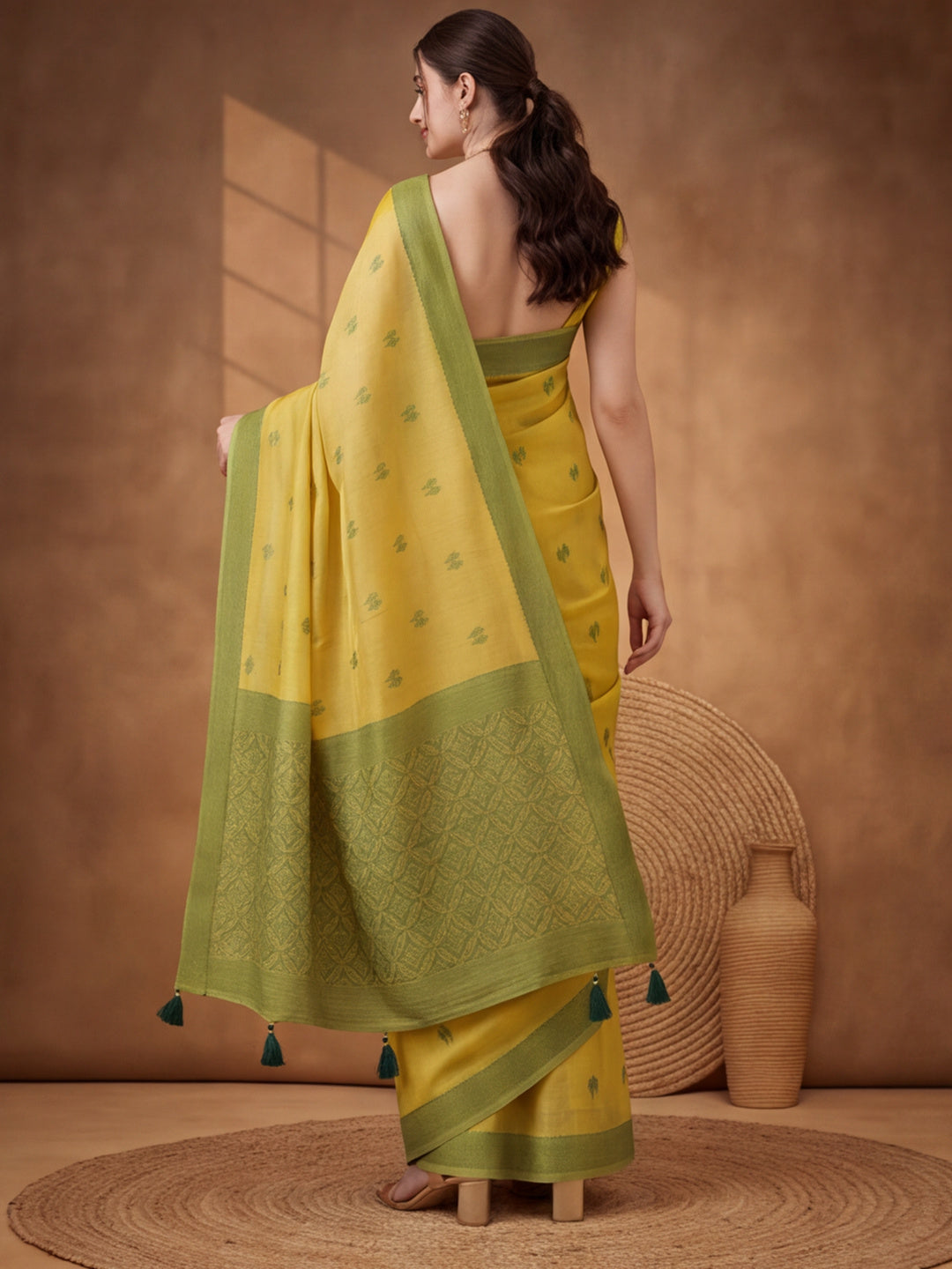 Women Lime Yellow Woven Saree with Zari Butti Work and Rich Tassel Pallu