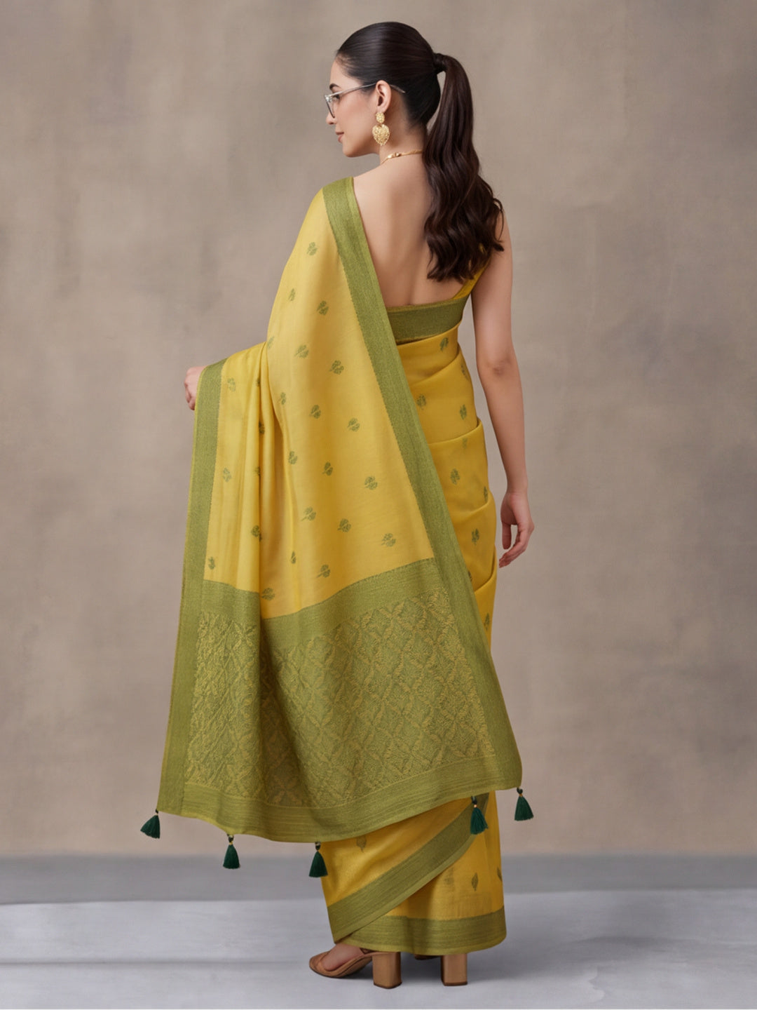 Women Lime Yellow Woven Saree with Zari Butti Work and Rich Tassel Pallu
