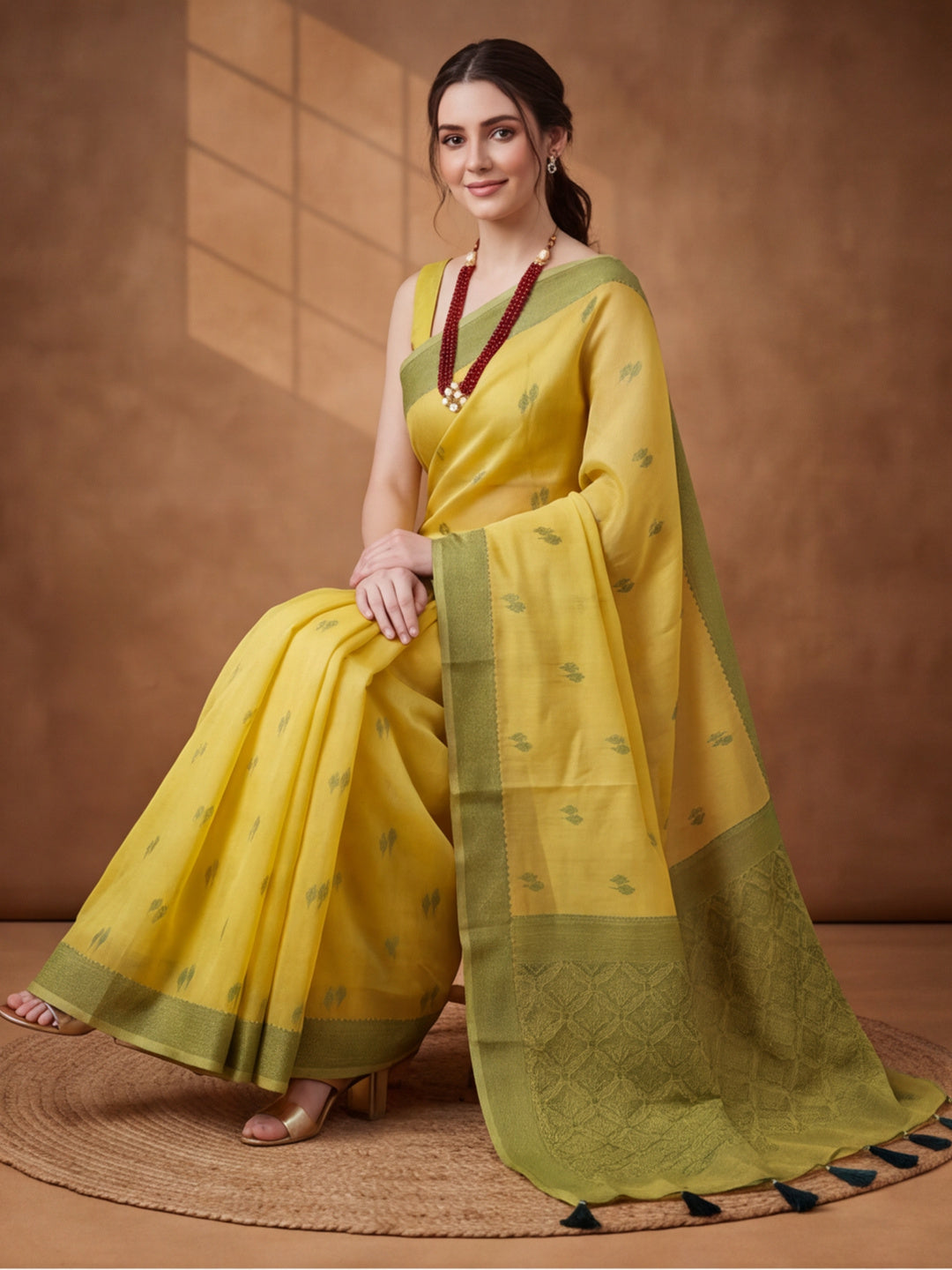 Women Lime Yellow Woven Saree with Zari Butti Work and Rich Tassel Pallu
