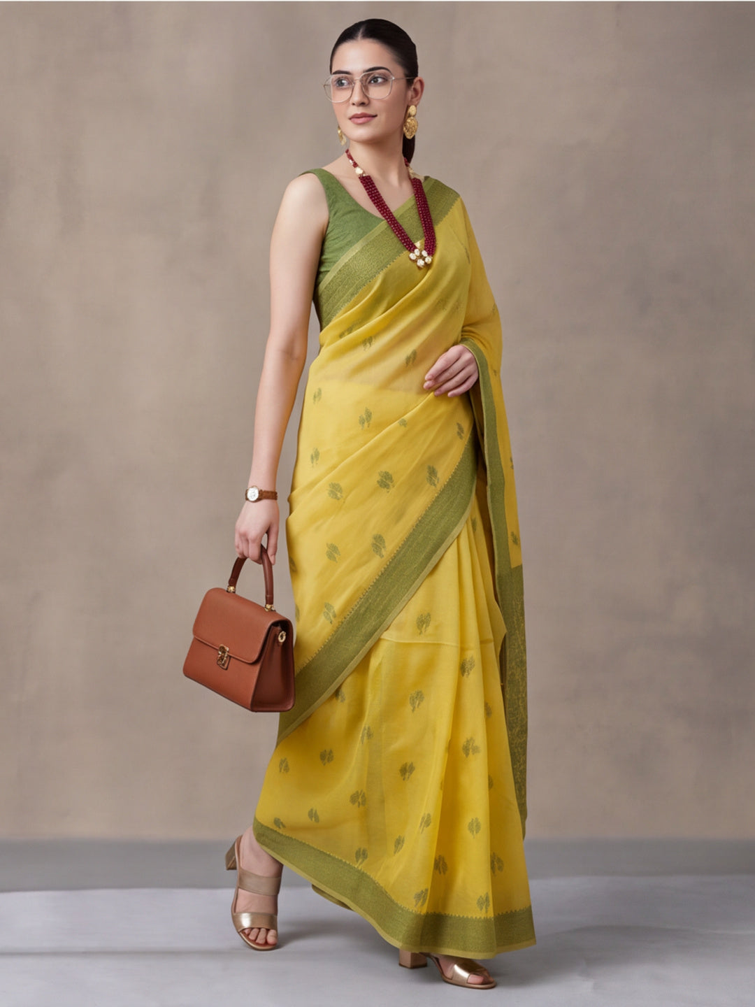 Women Lime Yellow Woven Saree with Zari Butti Work and Rich Tassel Pallu