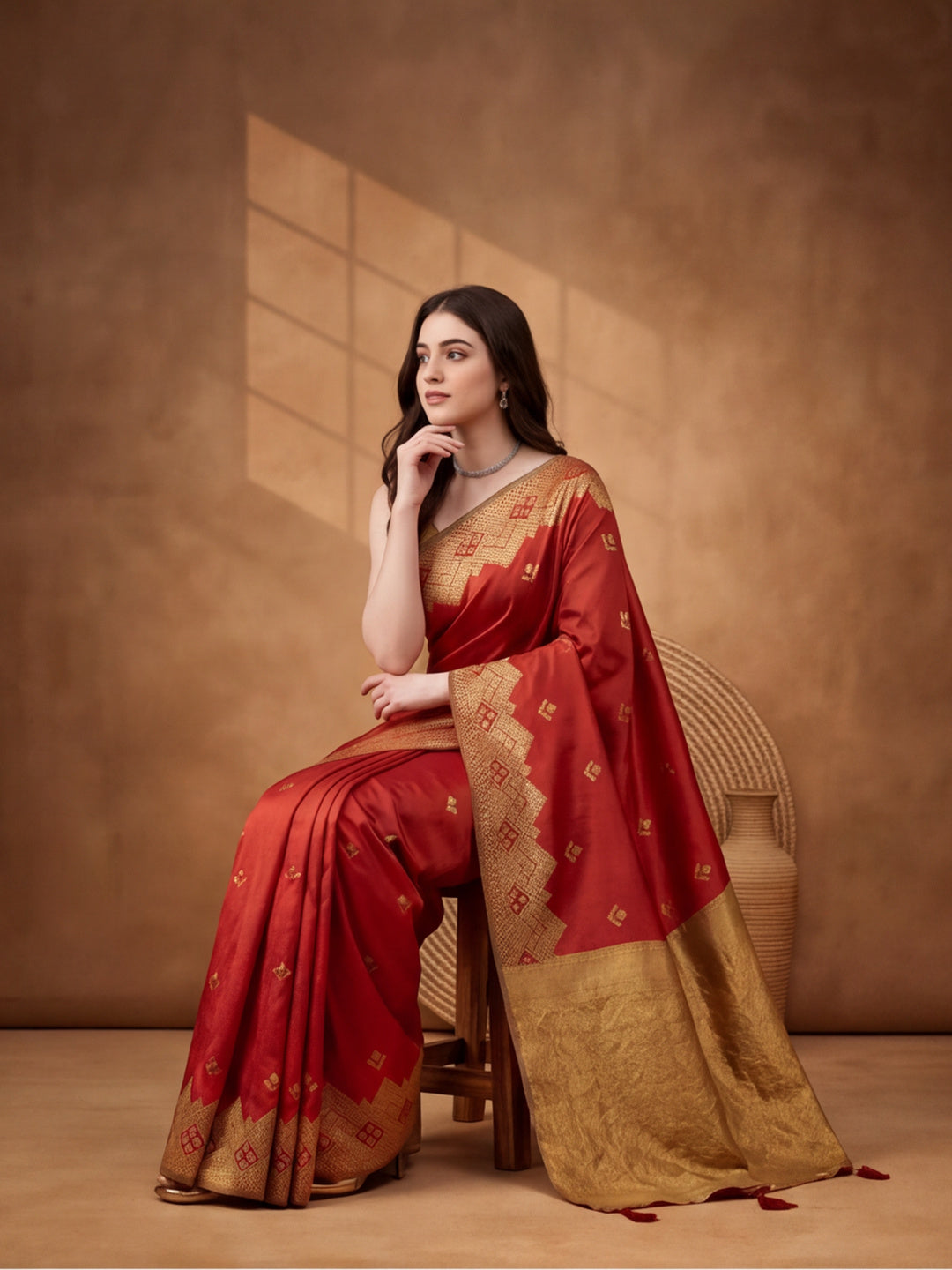 Women Red Banarasi Jacquard Saree with Zari Woven Border and Rich Pallu
