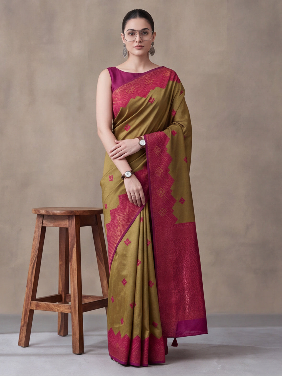 Women Beige Banarasi Jacquard Saree with Zari Woven Border and Rich Pallu