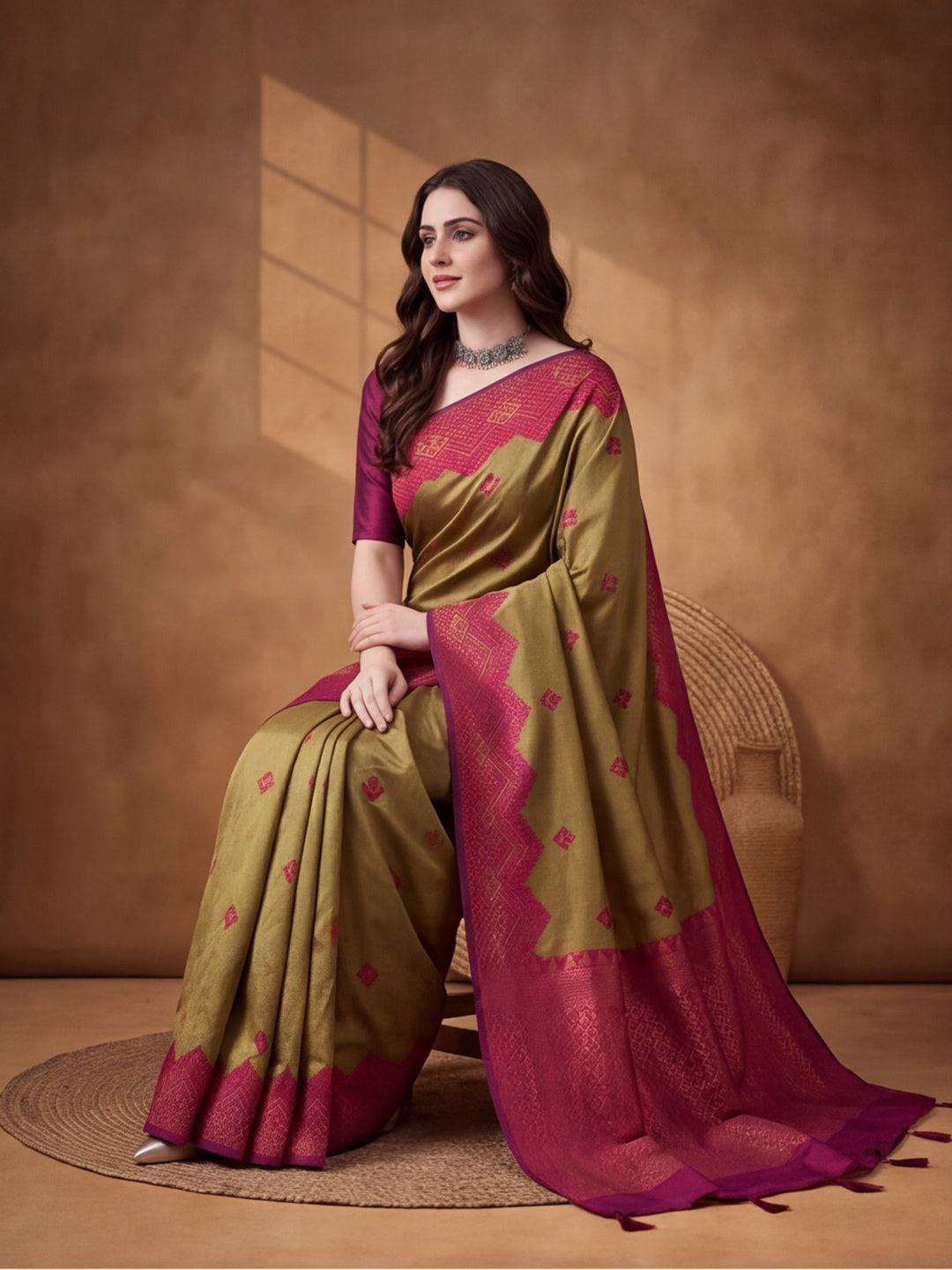 Women Beige Banarasi Jacquard Saree with Zari Woven Border and Rich Pallu