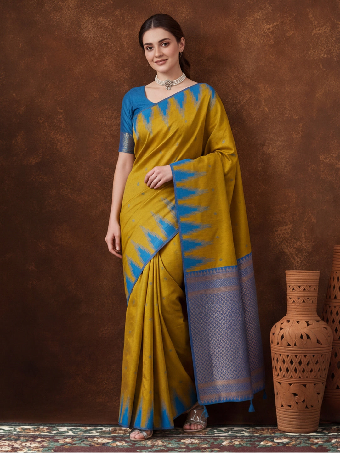 Women Mustard Yellow Banarasi Jacquard Saree with Blue Zari Woven Border and Tassel Pallu