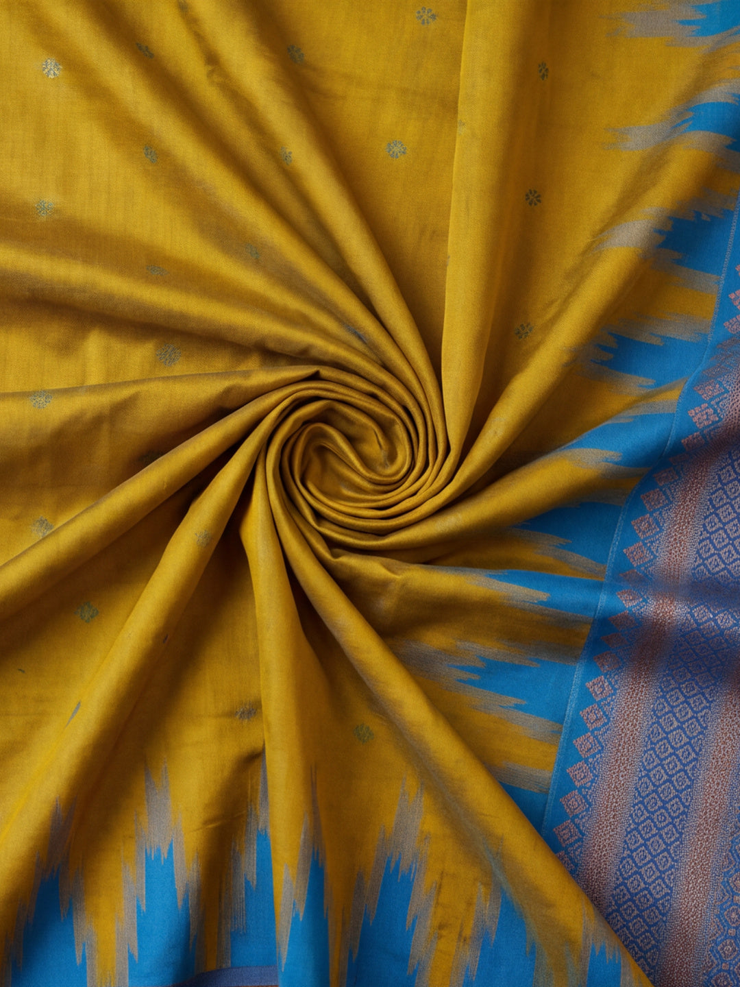 Women Mustard Yellow Banarasi Jacquard Saree with Blue Zari Woven Border and Tassel Pallu
