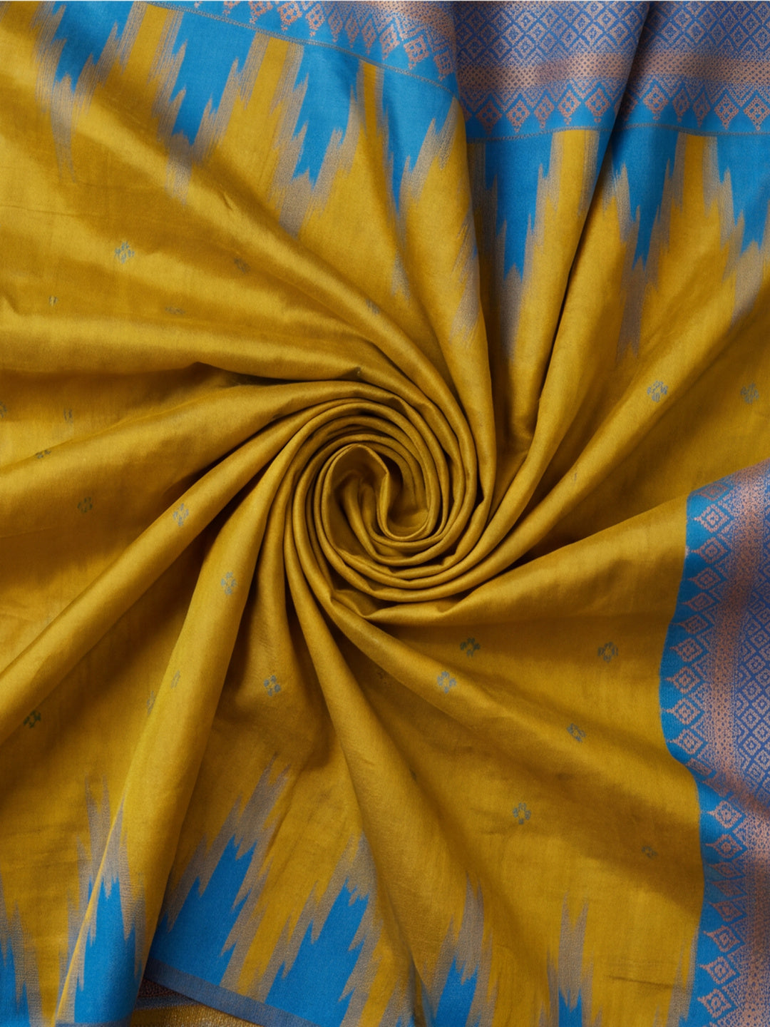 Women Mustard Yellow Banarasi Jacquard Saree with Blue Zari Woven Border and Tassel Pallu