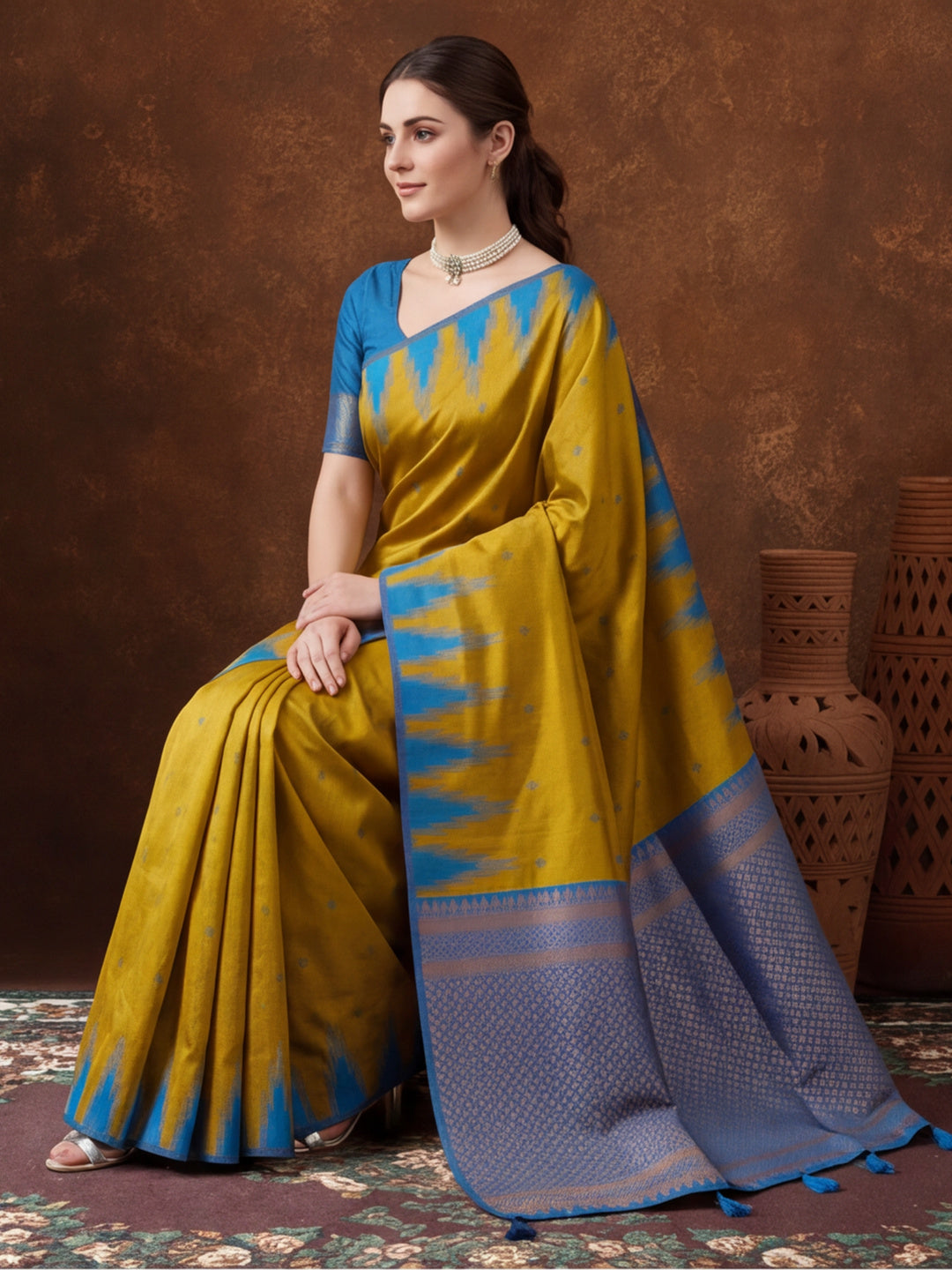 Women Mustard Yellow Banarasi Jacquard Saree with Blue Zari Woven Border and Tassel Pallu
