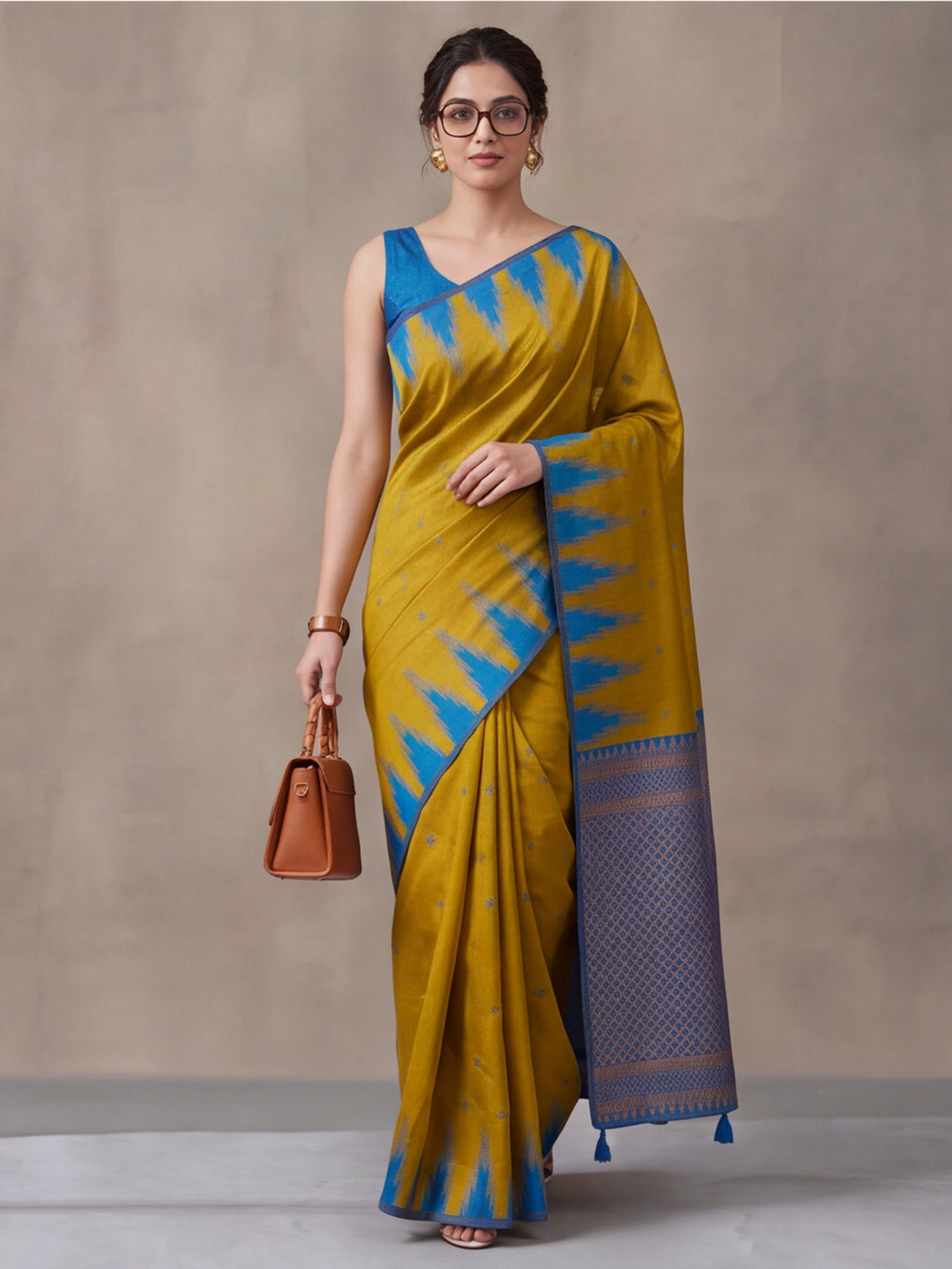 Women Mustard Yellow Banarasi Jacquard Saree with Blue Zari Woven Border and Tassel Pallu