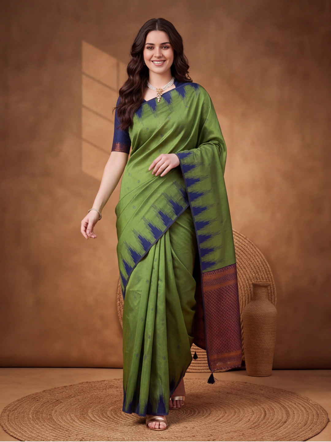 Women Green Yellow Banarasi Jacquard Saree with Navy Zari Woven Border and Tassel Pallu