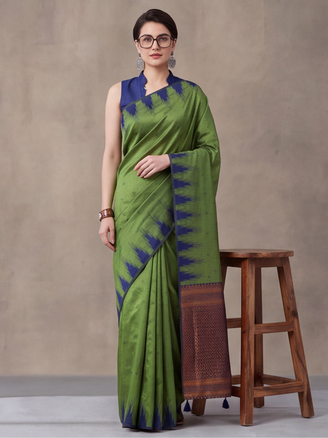 Women Green Yellow Banarasi Jacquard Saree with Navy Zari Woven Border and Tassel Pallu