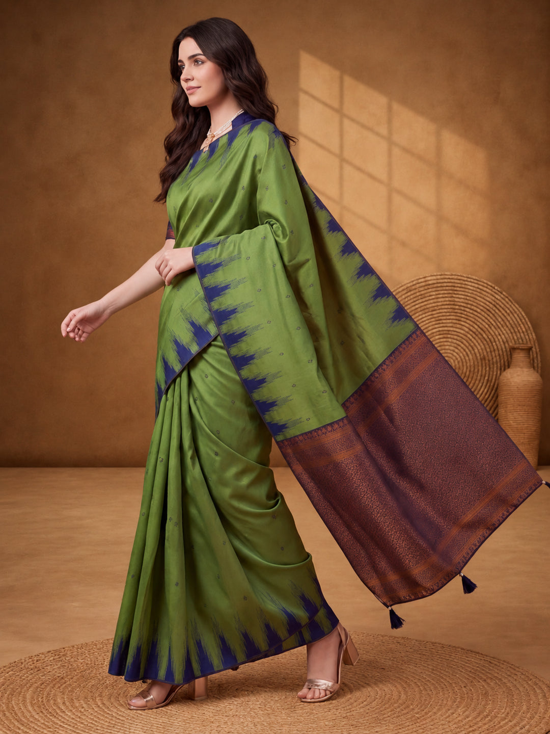 Women Green Yellow Banarasi Jacquard Saree with Navy Zari Woven Border and Tassel Pallu