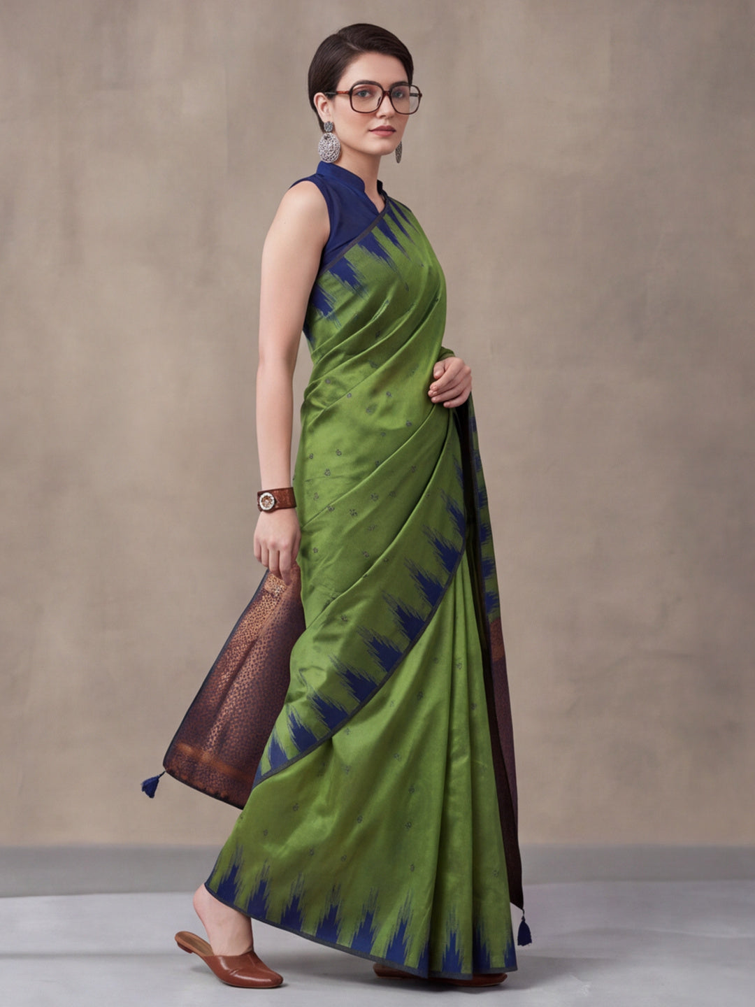 Women Green Yellow Banarasi Jacquard Saree with Navy Zari Woven Border and Tassel Pallu