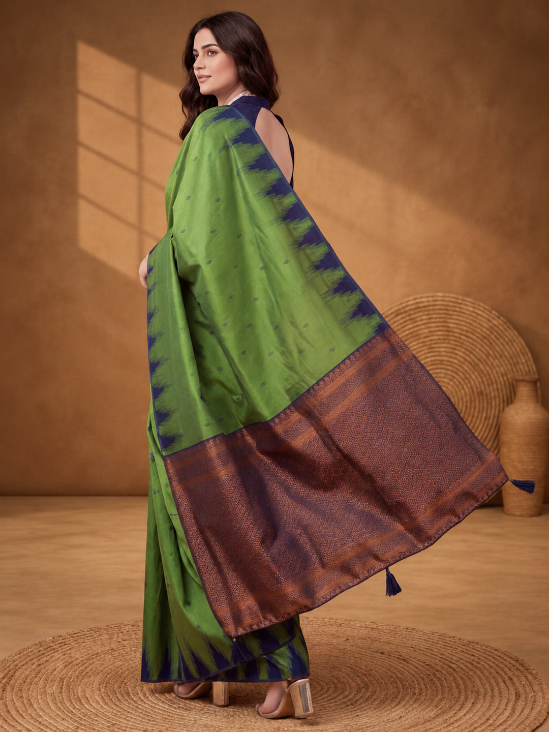Women Green Yellow Banarasi Jacquard Saree with Navy Zari Woven Border and Tassel Pallu