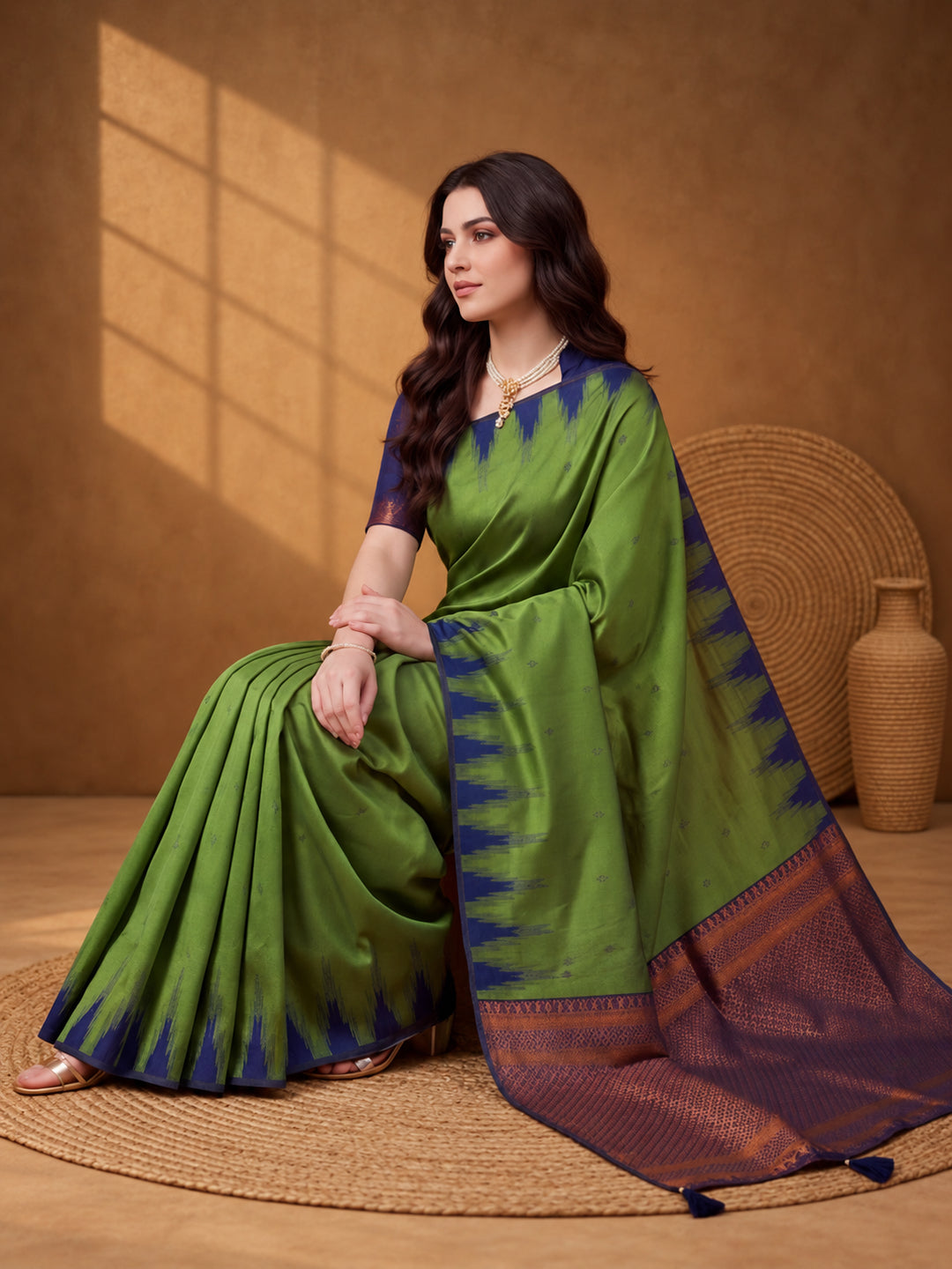 Women Green Yellow Banarasi Jacquard Saree with Navy Zari Woven Border and Tassel Pallu