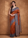 Women Rust Banarasi Jacquard Saree with Grey Zari Woven Border and Tassel Pallu